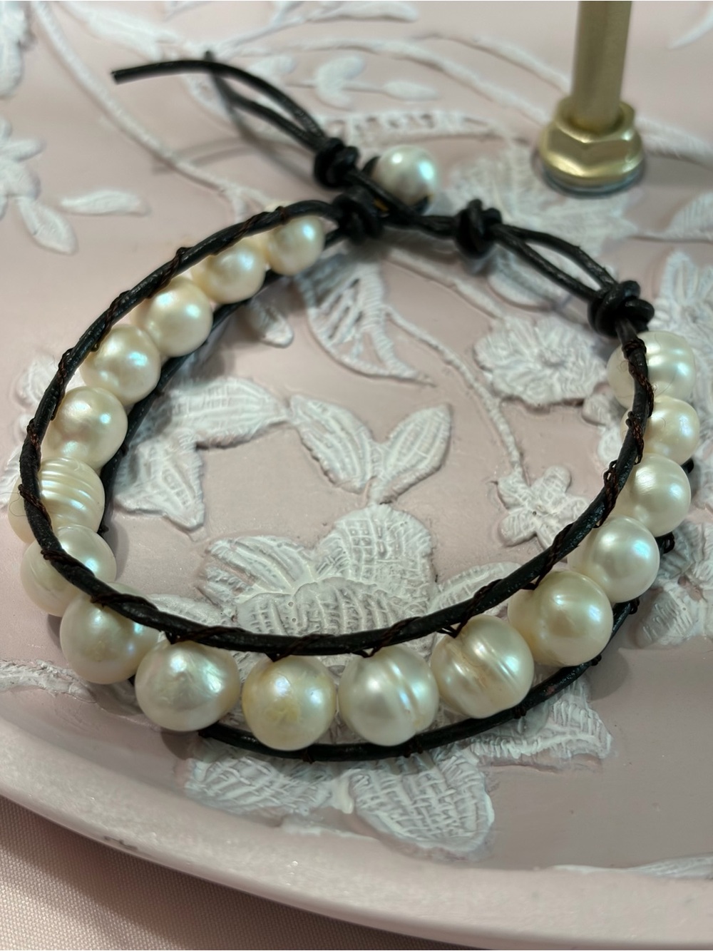 Cultured Freshwater Pearl and Leather Bracelet.Boho Bracelet.June Birthstone Gif